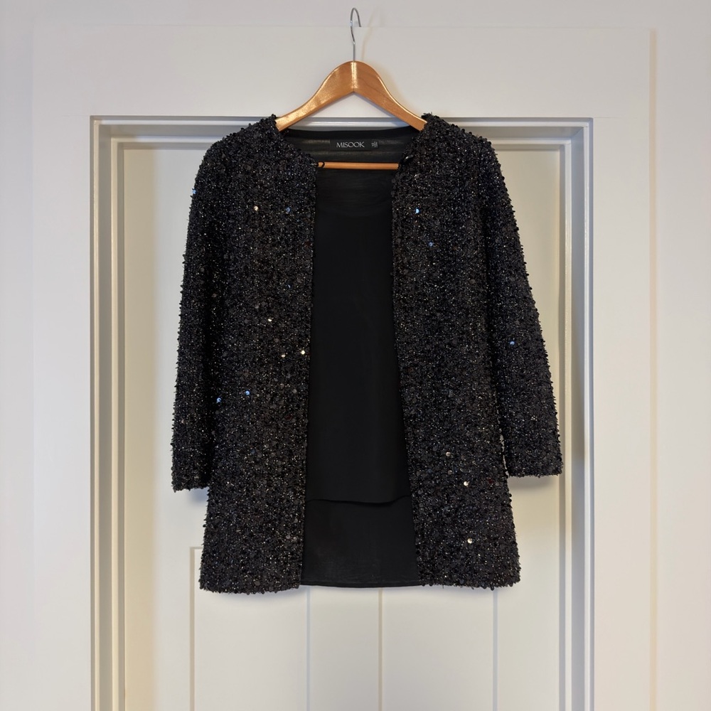 Misook Black Sequin Open-Front Blazer